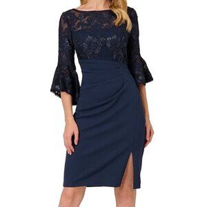 Adrianna Papell Floral Lace Boat Neck 3/4 Bell Cuff Gathered Midi Dress in Navy
